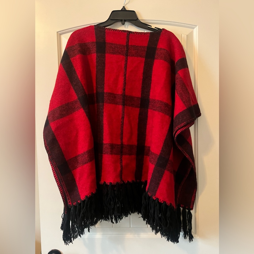Vtg Ralph Lauren Country Wool Red Plaid Pop-over Cape Poncho Fringe Small/Medium - Picture 5 of 5